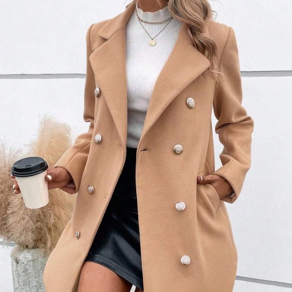 . Jackets & Blazers - Tan Preppy Womens Lapel Collar Double Breasted Overcoat